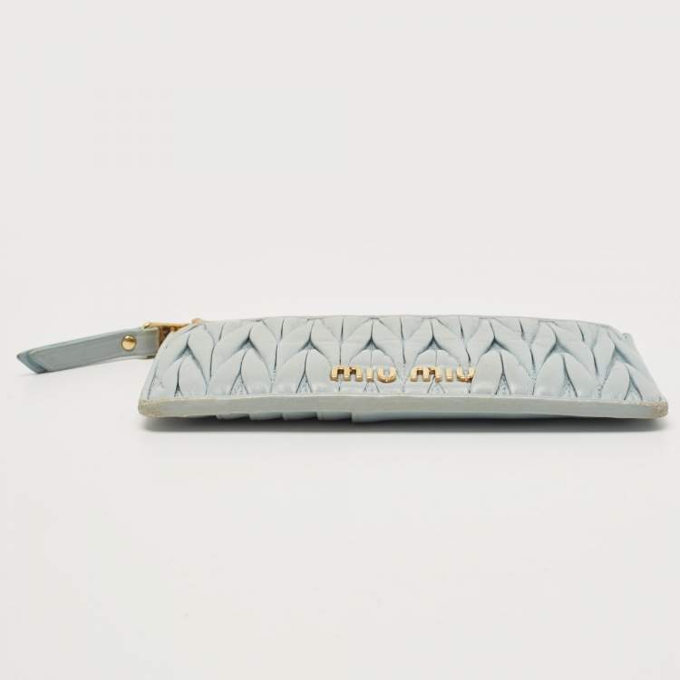 Pre Owned Miu Miu Light Blue Matelasse Leather Zip Card Holder 