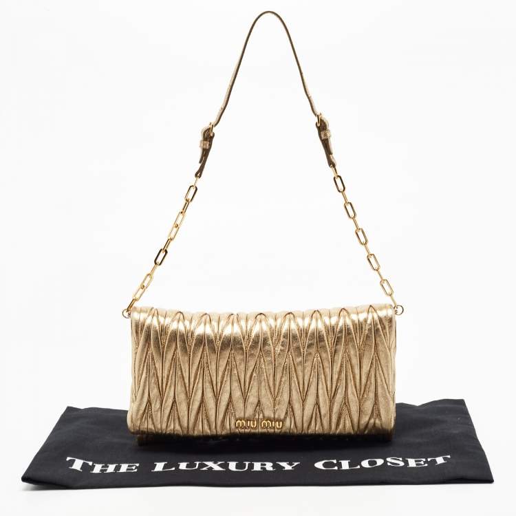 Pre Owned Miu Miu Metallic Gold Matelasse Leather Flap Chain Clutch