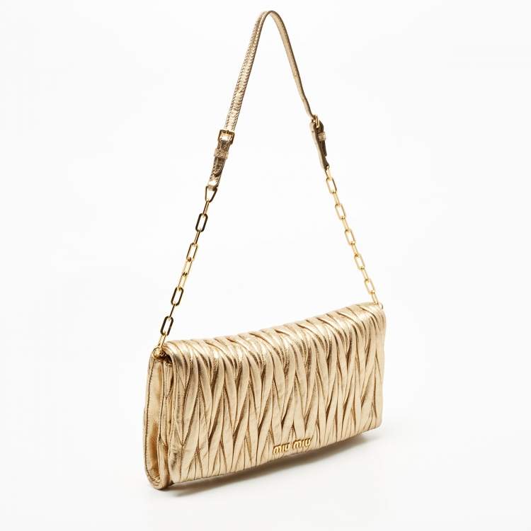 Pre Owned Miu Miu Metallic Gold Matelasse Leather Flap Chain Clutch