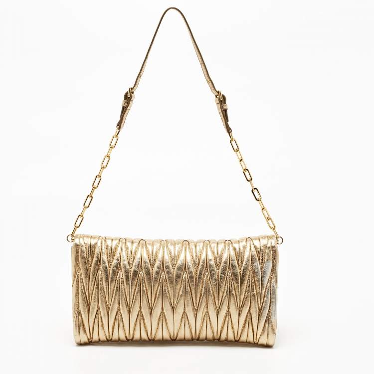 Pre Owned Miu Miu Metallic Gold Matelasse Leather Flap Chain Clutch