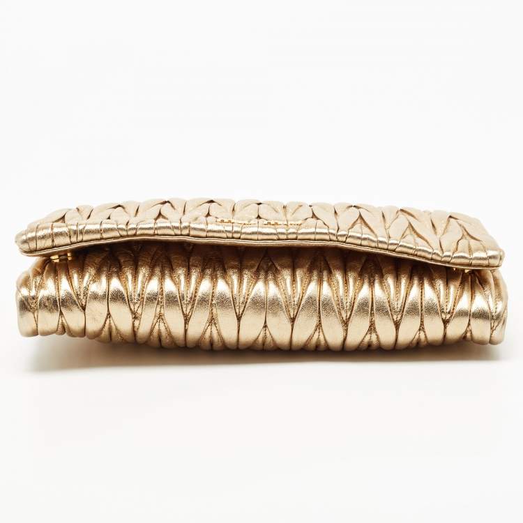 Pre Owned Miu Miu Metallic Gold Matelasse Leather Flap Chain Clutch