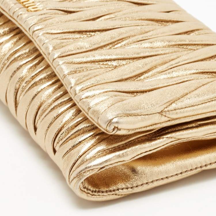 Pre Owned Miu Miu Metallic Gold Matelasse Leather Flap Chain Clutch