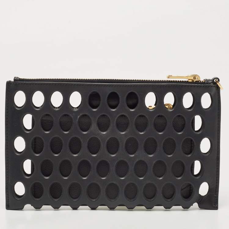 Pre Owned Miu Miu Black Laser Cut Leather Zip Pouch