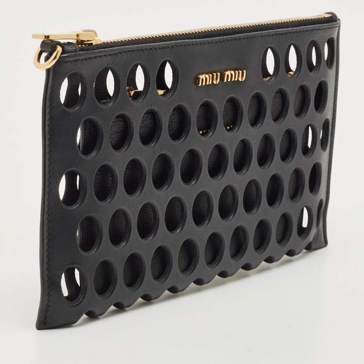 Pre Owned Miu Miu Black Laser Cut Leather Zip Pouch