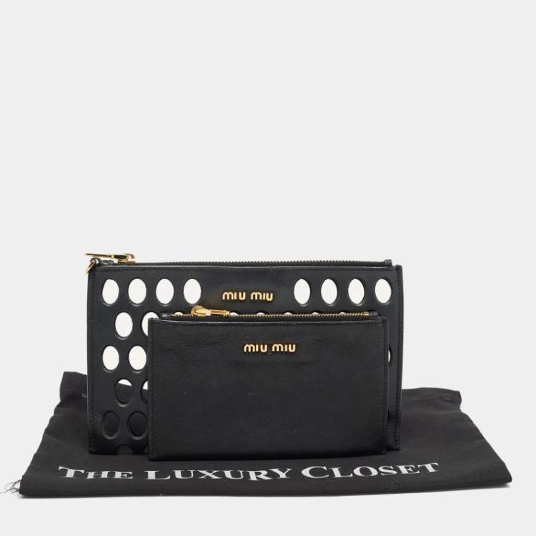 Pre Owned Miu Miu Black Laser Cut Leather Zip Pouch