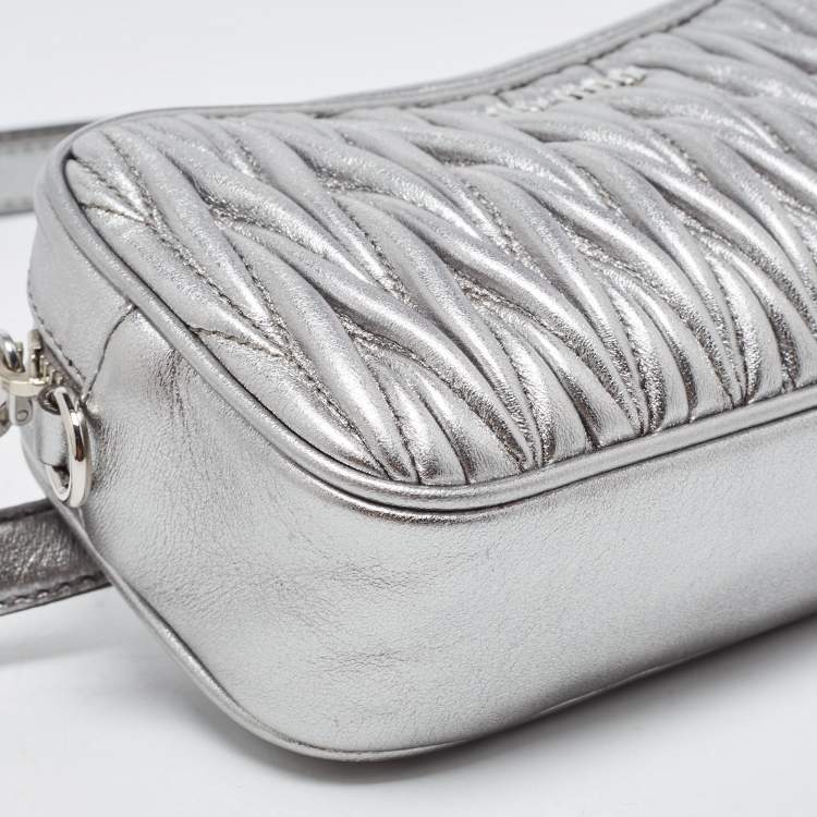 Pre Owned Miu Miu Silver Matelassé Leather Convertible Belt Bag