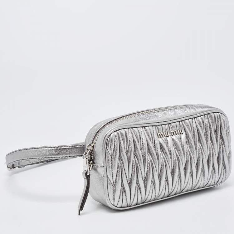 Pre Owned Miu Miu Silver Matelassé Leather Convertible Belt Bag