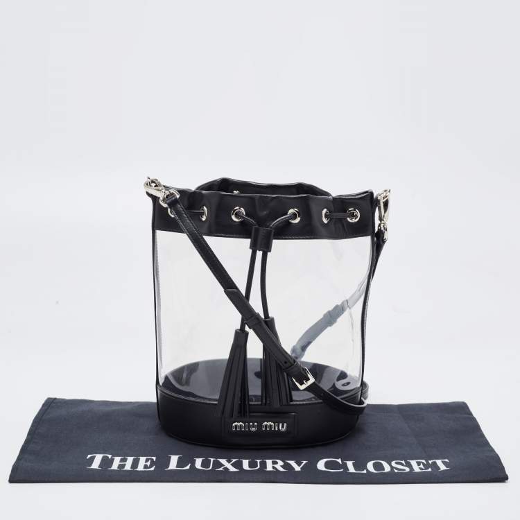 Pre Owned Miu MIu Black Leather And PVC Drawstring Bucket Bag