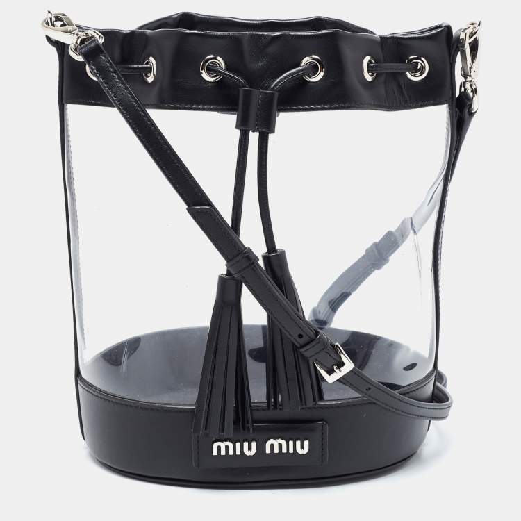 Pre Owned Miu MIu Black Leather And PVC Drawstring Bucket Bag