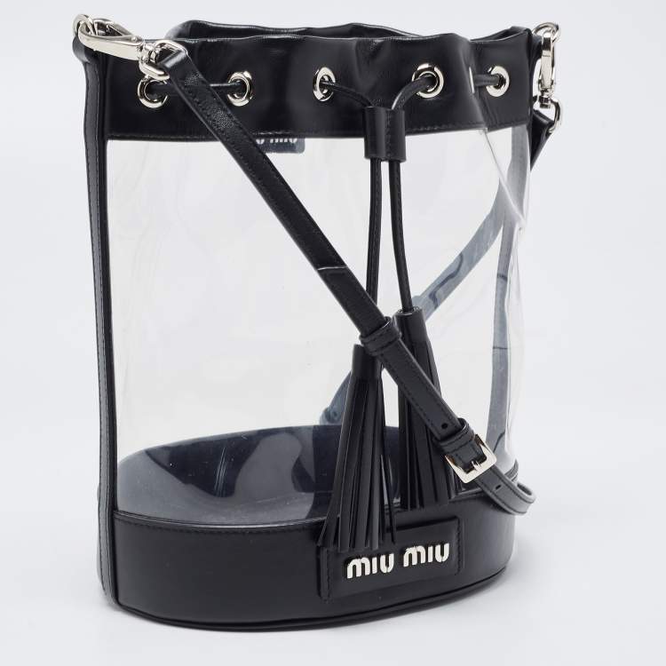 Pre Owned Miu MIu Black Leather And PVC Drawstring Bucket Bag