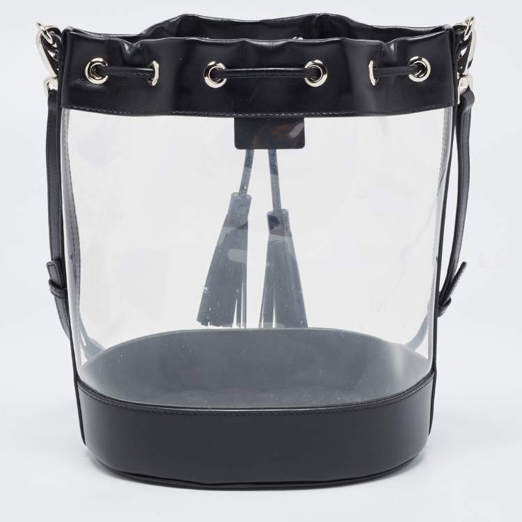 Pre Owned Miu MIu Black Leather And PVC Drawstring Bucket Bag
