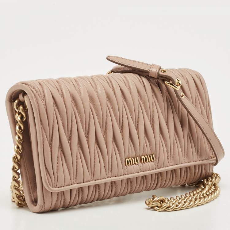 Pre Owned Miu Miu Beige  Matelassé Leather Flap Wallet on Chain