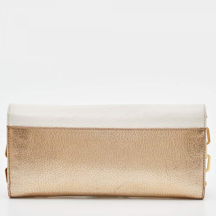 Pre Owned Miu Miu White/Gold Leather Flap Wallet On Chain