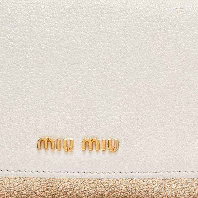 Pre Owned Miu Miu White/Gold Leather Flap Wallet On Chain