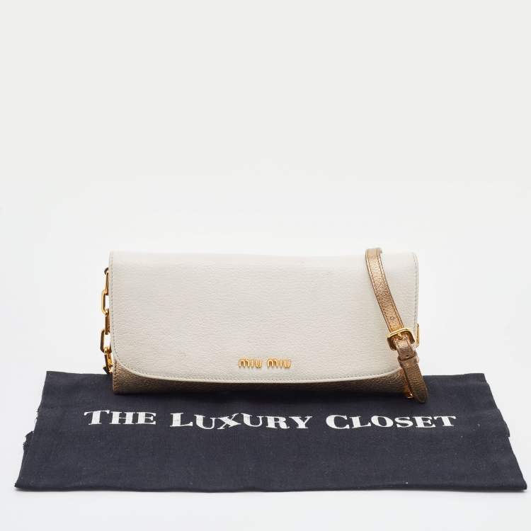 Pre Owned Miu Miu White/Gold Leather Flap Wallet On Chain