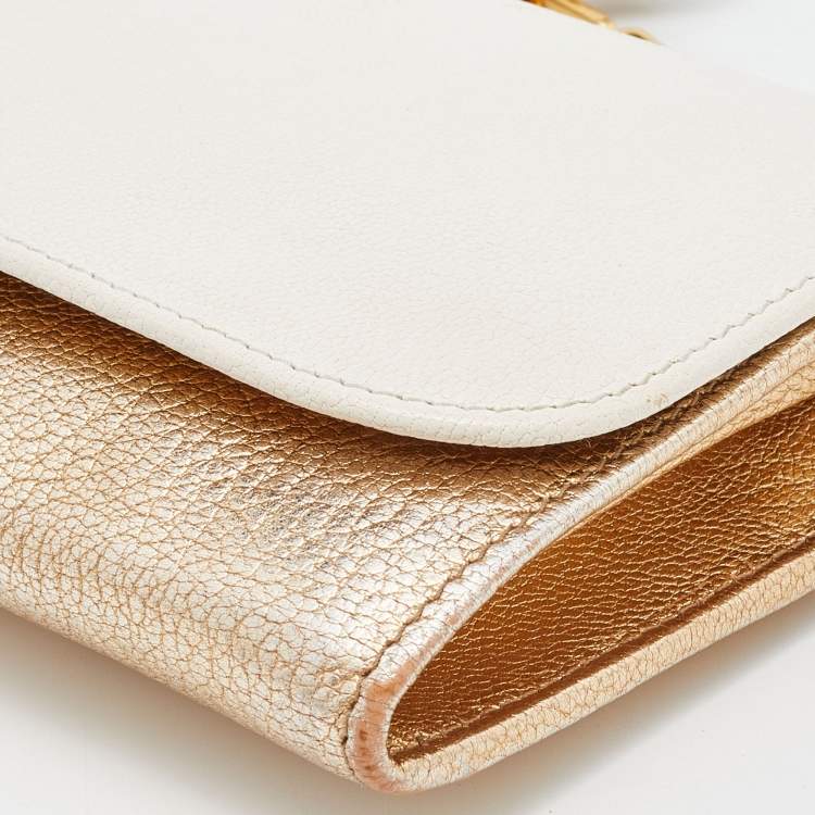 Pre Owned Miu Miu White/Gold Leather Flap Wallet On Chain