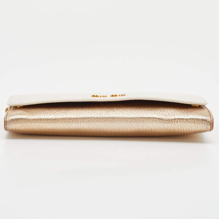 Pre Owned Miu Miu White/Gold Leather Flap Wallet On Chain