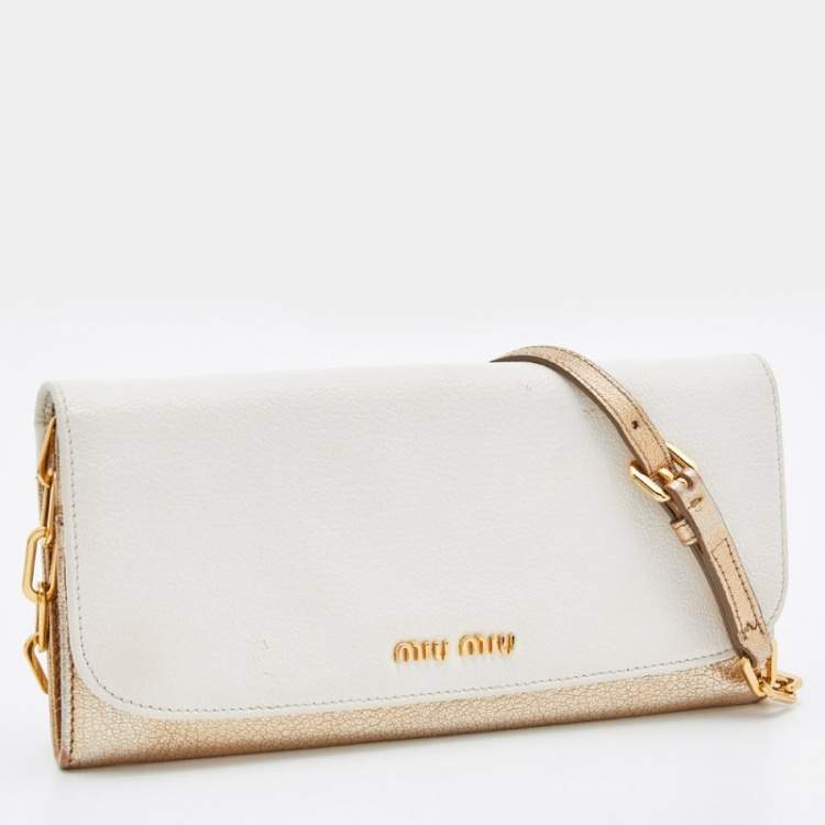Pre Owned Miu Miu White/Gold Leather Flap Wallet On Chain