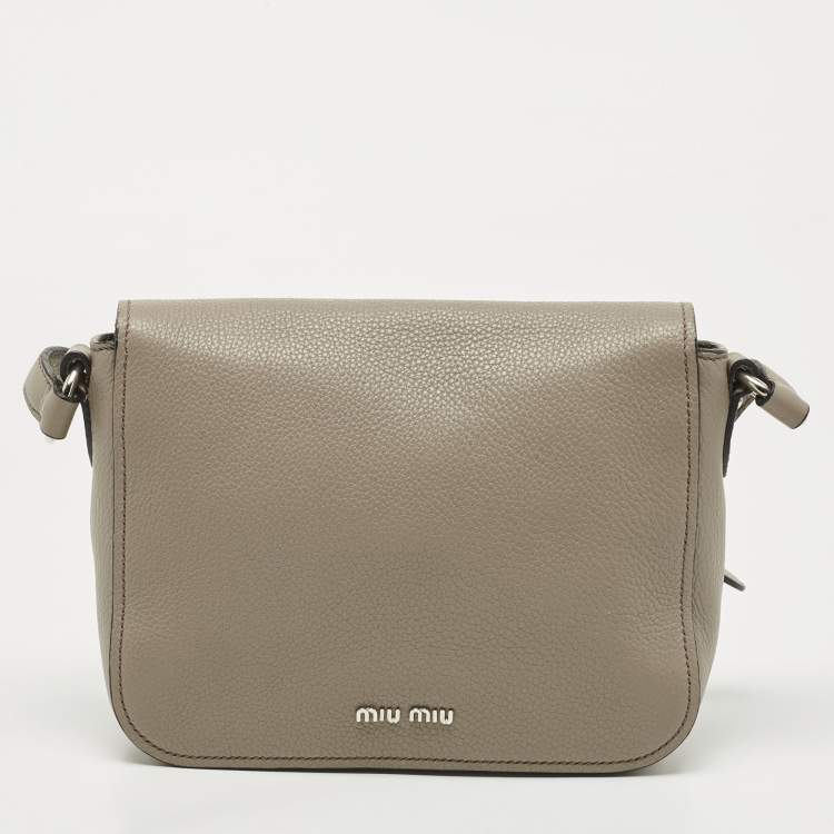 Pre Owned Miu Miu Grey Vitello Phenix Madras Leather Push Lock Flap Crossbody Bag
