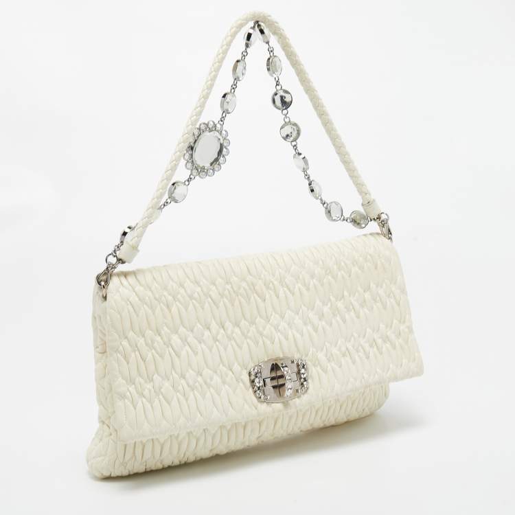 Pre Owned Miu Miu Off White Matelassé Leather Crystal Cloqué Flap Shoulder Bag