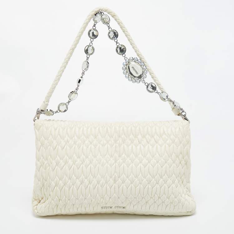 Pre Owned Miu Miu Off White Matelassé Leather Crystal Cloqué Flap Shoulder Bag