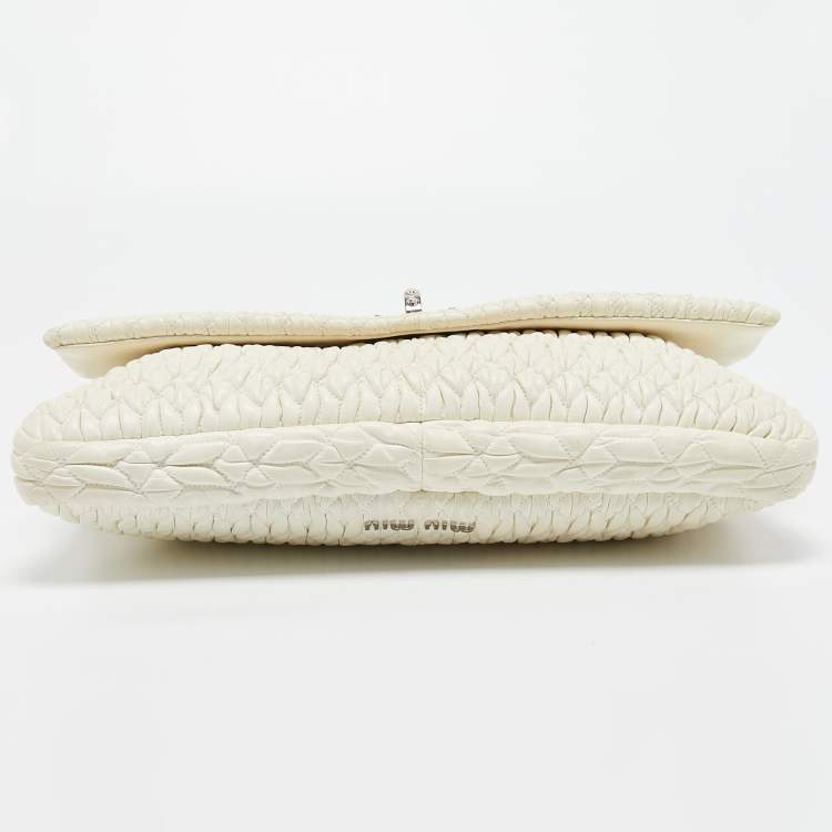 Pre Owned Miu Miu Off White Matelassé Leather Crystal Cloqué Flap Shoulder Bag