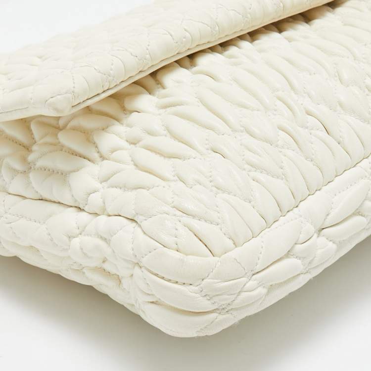 Pre Owned Miu Miu Off White Matelassé Leather Crystal Cloqué Flap Shoulder Bag