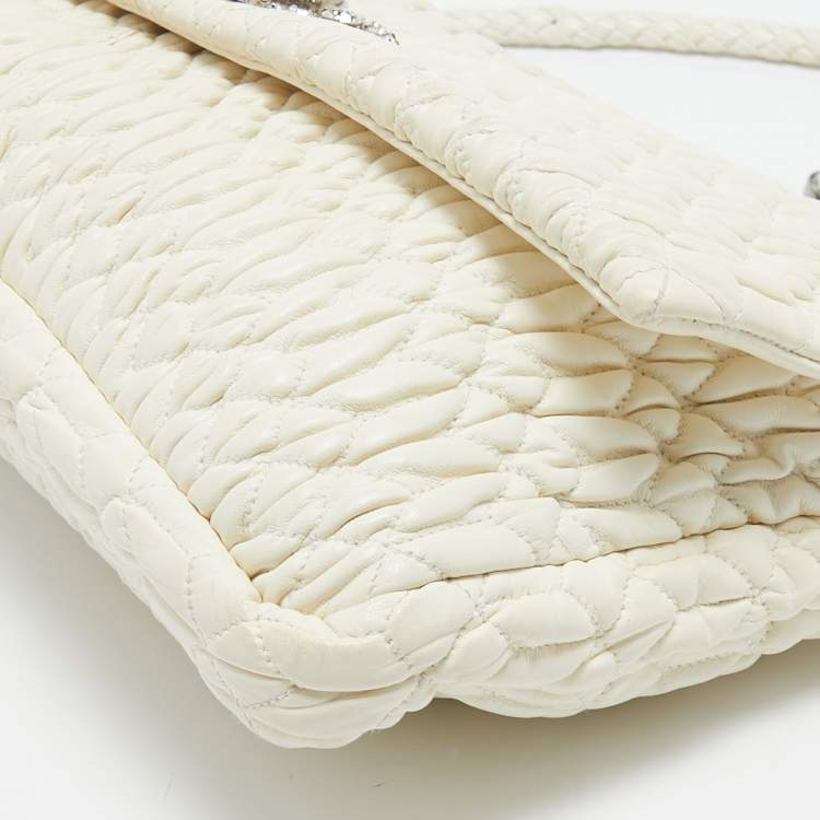 Pre Owned Miu Miu Off White Matelassé Leather Crystal Cloqué Flap Shoulder Bag