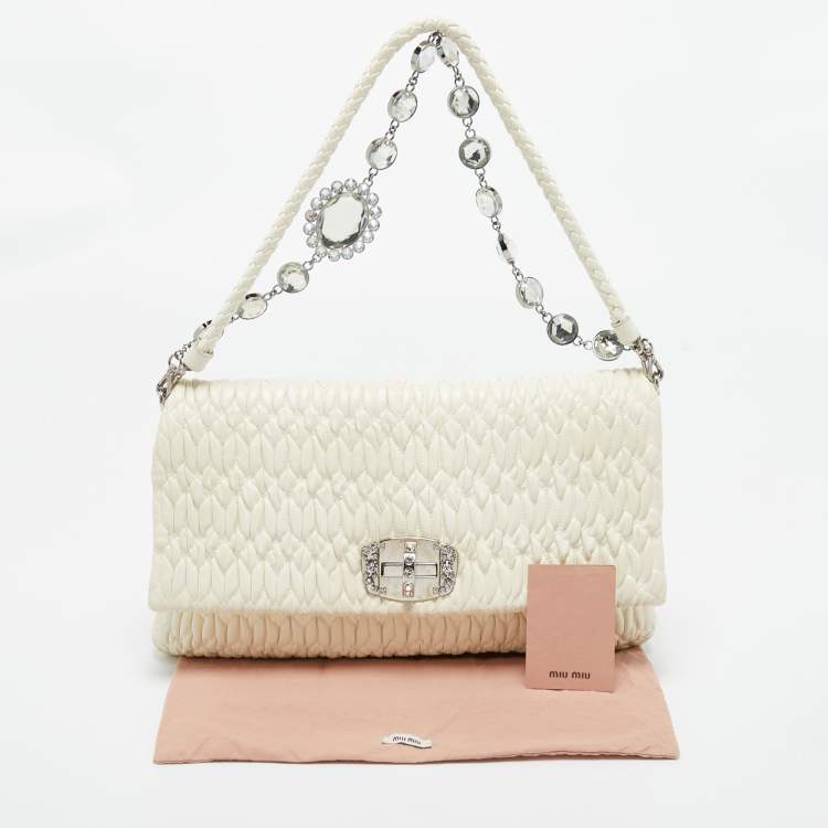 Pre Owned Miu Miu Off White Matelassé Leather Crystal Cloqué Flap Shoulder Bag