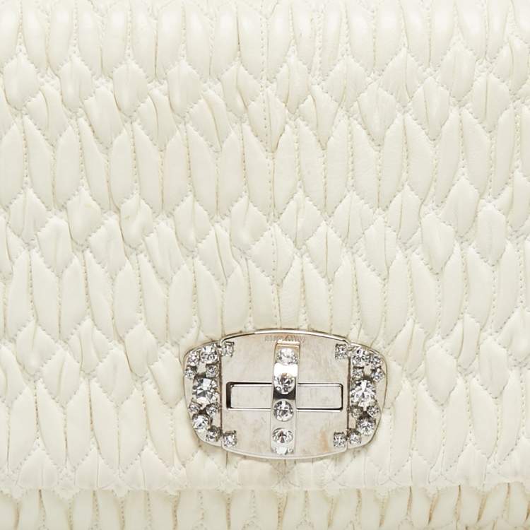 Pre Owned Miu Miu Off White Matelassé Leather Crystal Cloqué Flap Shoulder Bag