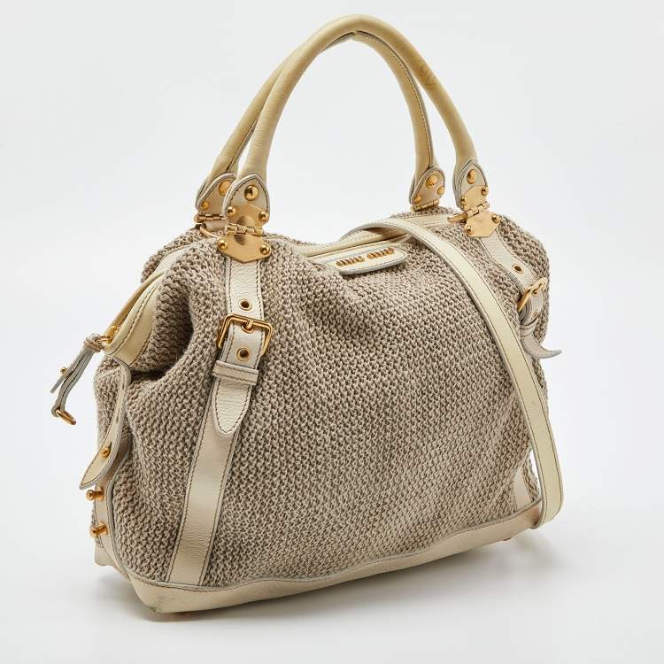 مملوكة مسب�قًا Miu Miu Cream Woven Fabric and Leather Satchel