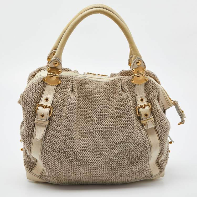مملوكة مسبقًا Miu Miu Cream Woven Fabric and Leather Satchel