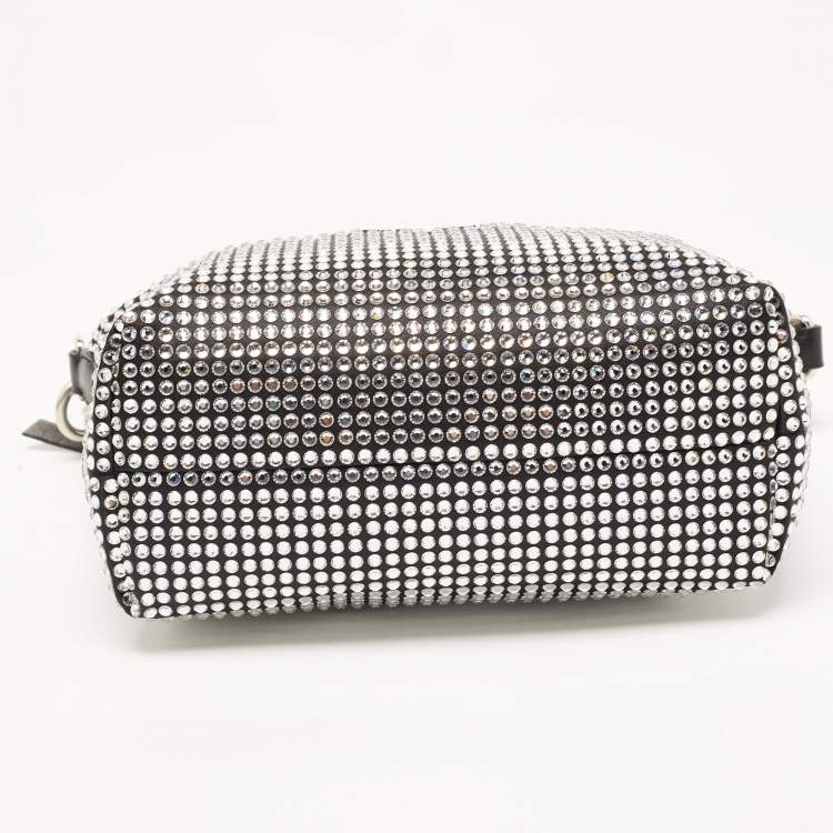 Pre Owned Miu Miu Black Satin and Leather Crystals Spirit Baguette Bag