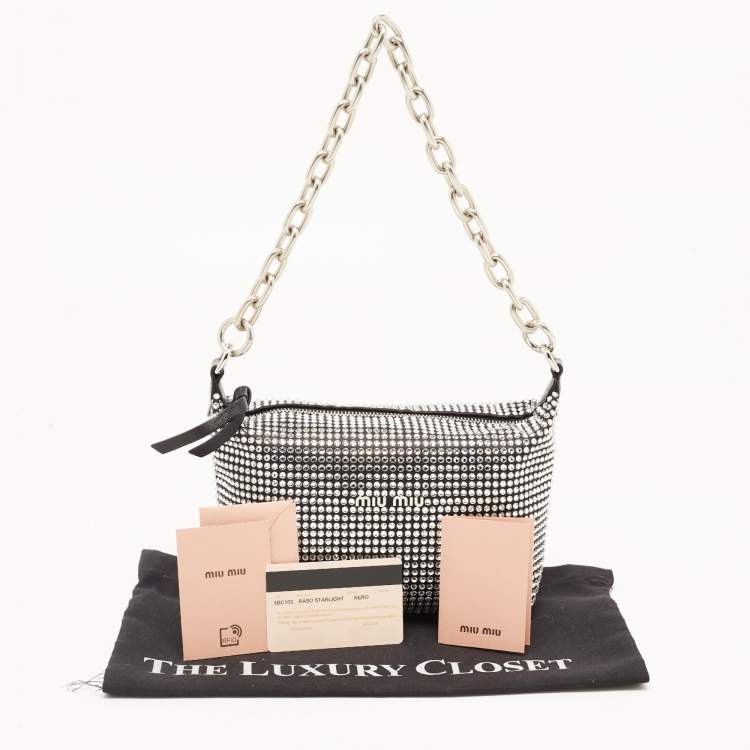 Pre Owned Miu Miu Black Satin and Leather Crystals Spirit Baguette Bag