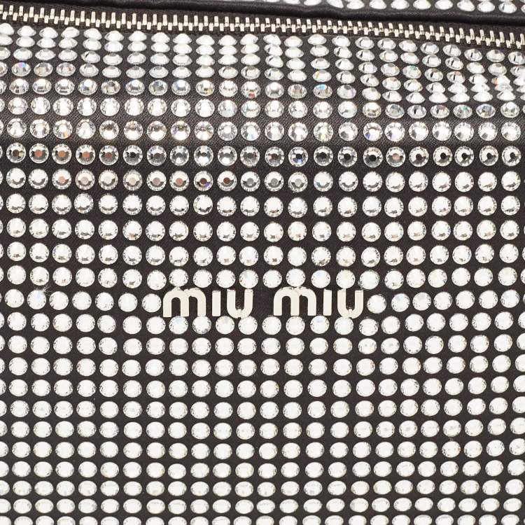 Pre Owned Miu Miu Black Satin and Leather Crystals Spirit Baguette Bag