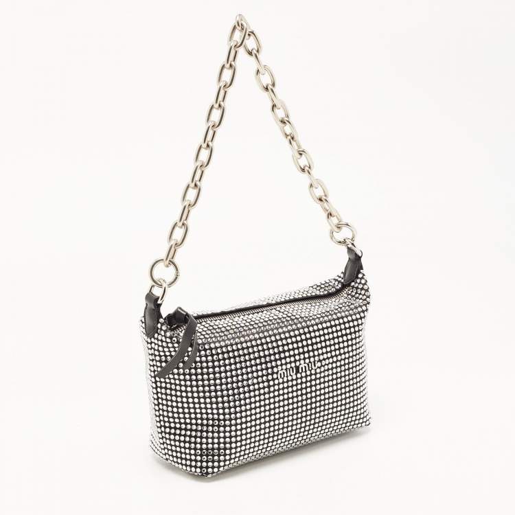 Pre Owned Miu Miu Black Satin and Leather Crystals Spirit Baguette Bag