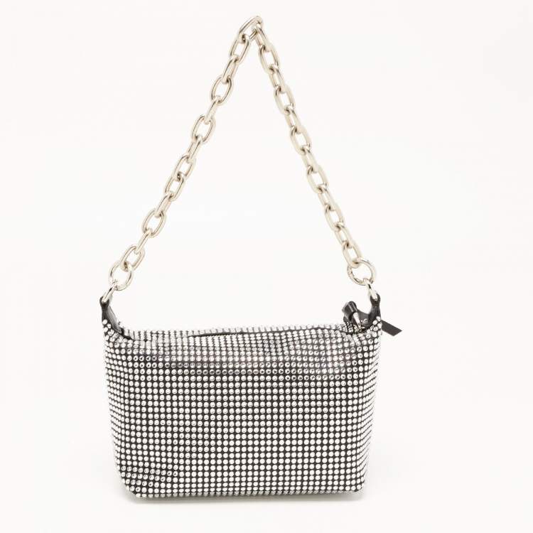 Pre Owned Miu Miu Black Satin and Leather Crystals Spirit Baguette Bag