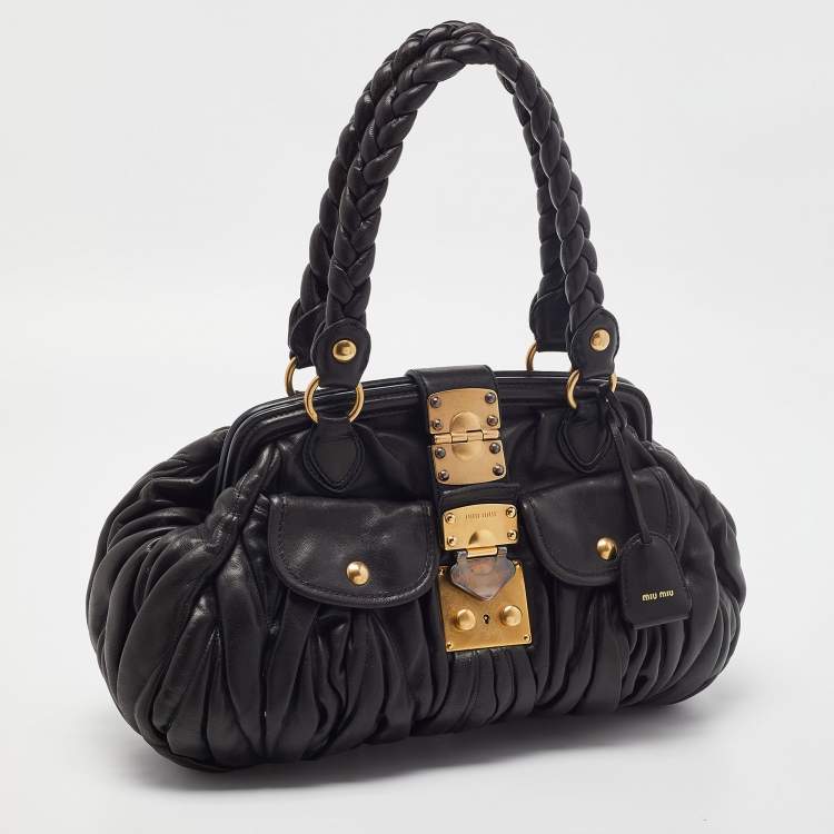 Pre Owned Miu Miu Black Matelassé Leather Coffer Frame Satchel