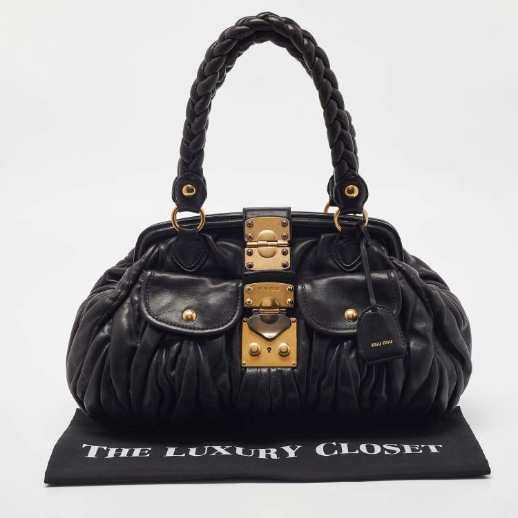 Pre Owned Miu Miu Black Matelassé Leather Coffer Frame Satchel