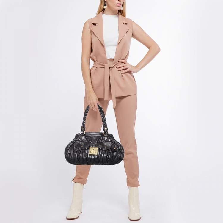 Pre Owned Miu Miu Black Matelassé Leather Coffer Frame Satchel