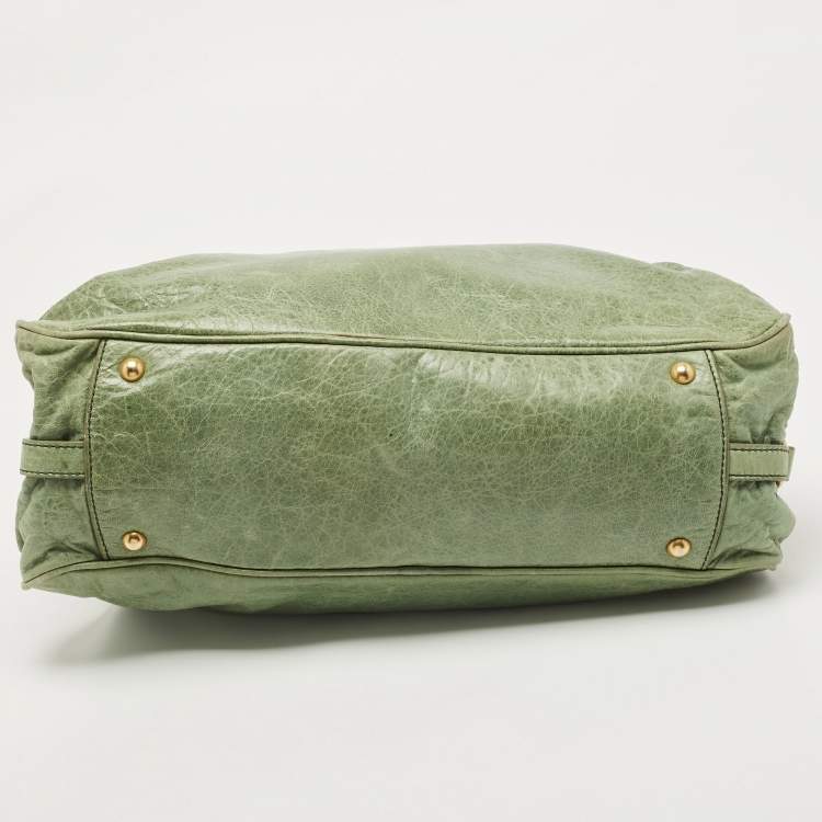 Pre Owned Miu Miu Mint Green Leather Lily Distressed Satchel