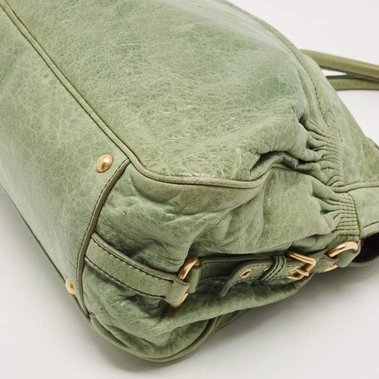 Pre Owned Miu Miu Mint Green Leather Lily Distressed Satchel