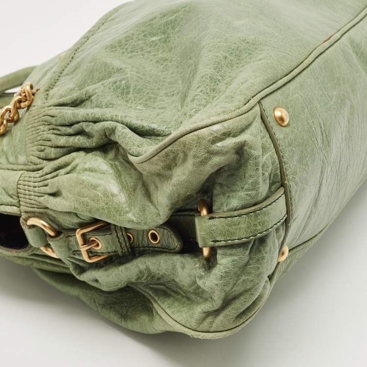 Pre Owned Miu Miu Mint Green Leather Lily Distressed Satchel