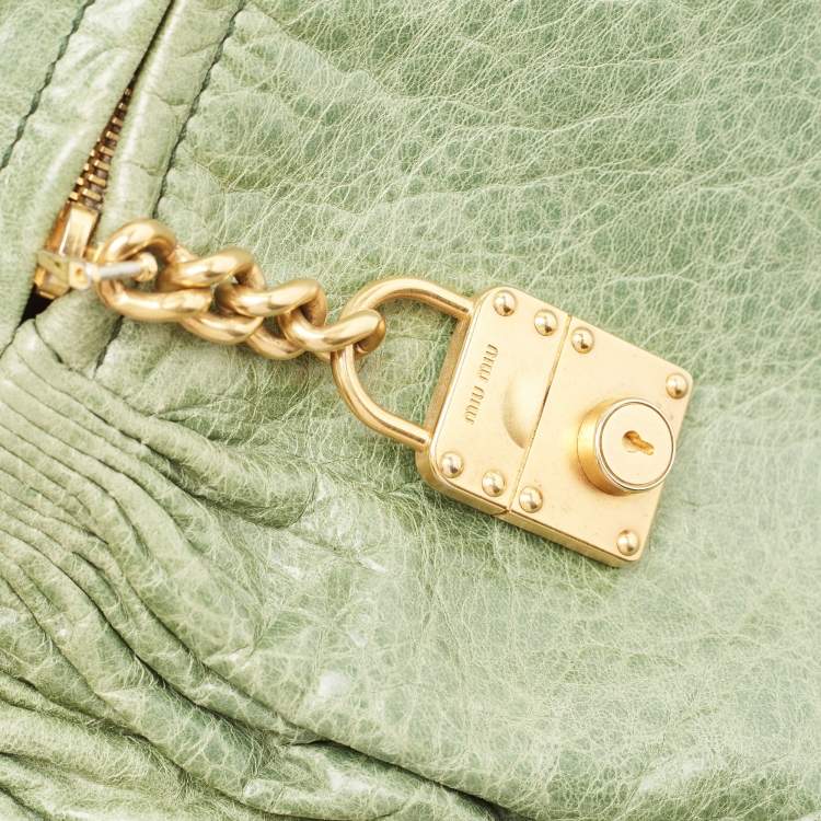Pre Owned Miu Miu Mint Green Leather Lily Distressed Satchel