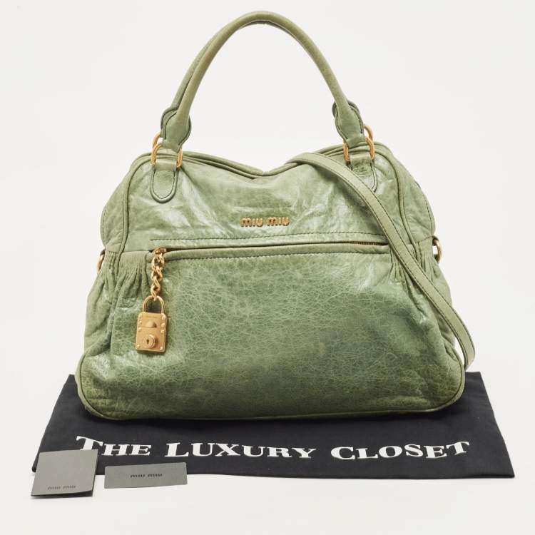 Pre Owned Miu Miu Mint Green Leather Lily Distressed Satchel