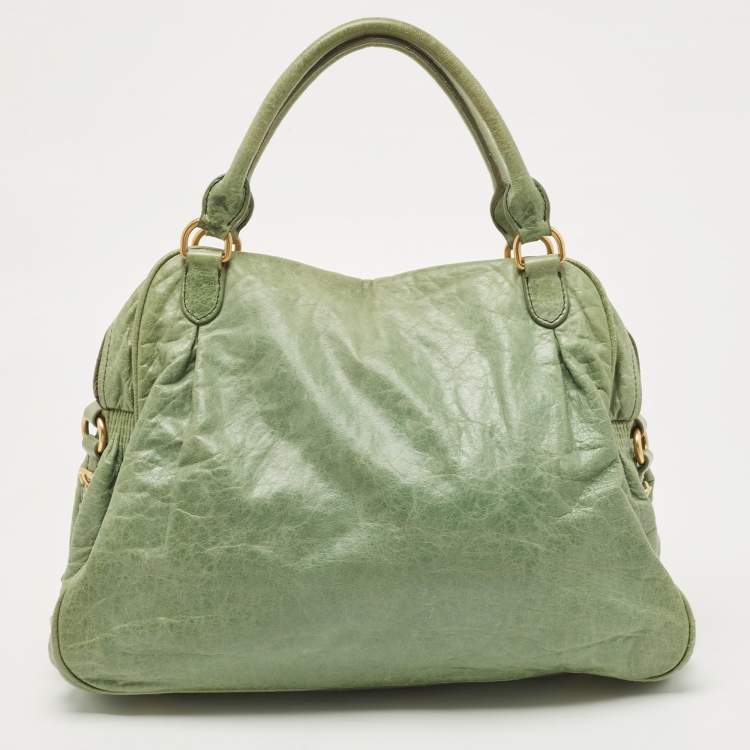 Pre Owned Miu Miu Mint Green Leather Lily Distressed Satchel