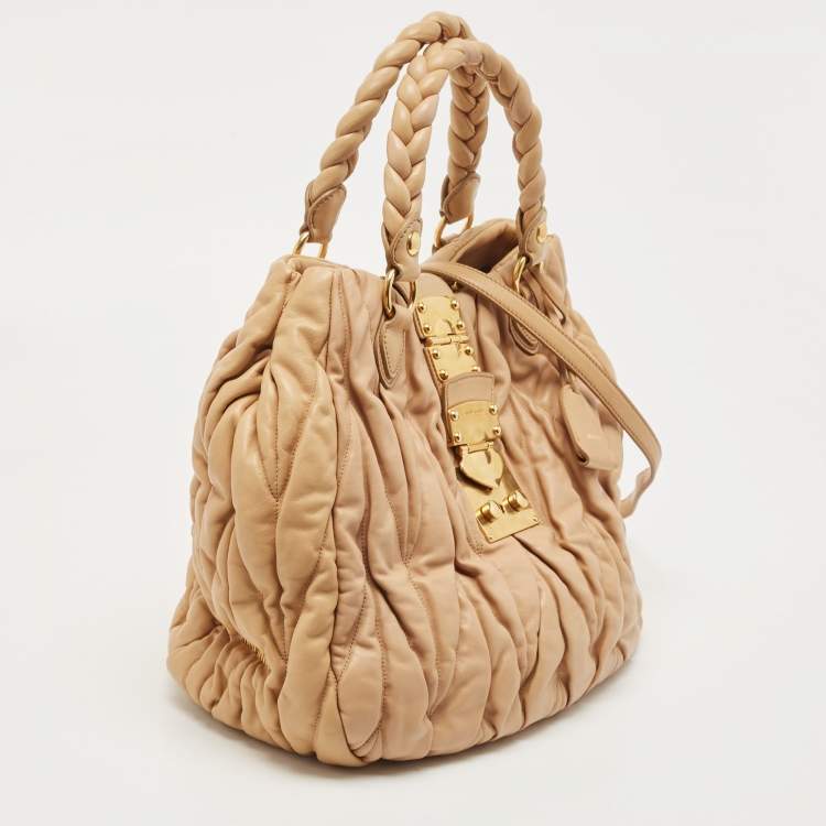 Pre Owned Miu Miu Beige Matelassé Leather Coffer Two Way Satchel