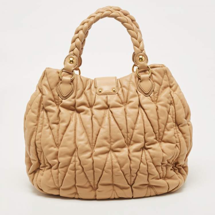 Pre Owned Miu Miu Beige Matelassé Leather Coffer Two Way Satchel