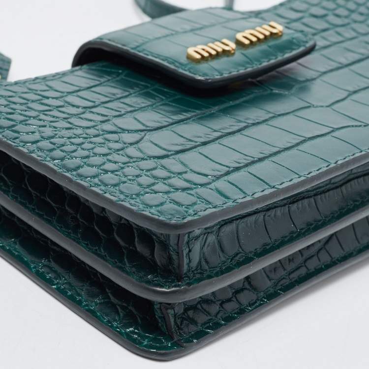 Pre Owned Miu Miu Green Croc Embossed Leather Phone Wallet Crossbody Bag