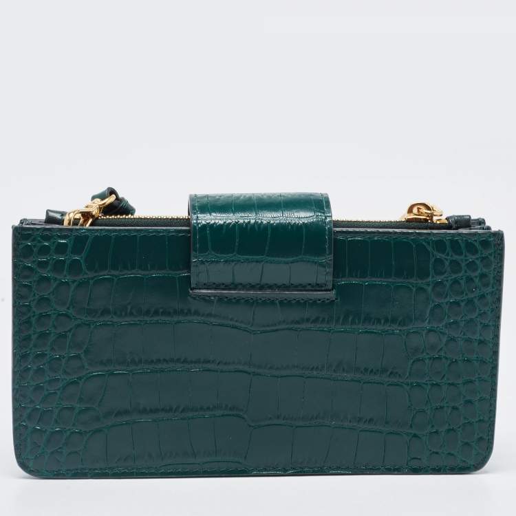 Pre Owned Miu Miu Green Croc Embossed Leather Phone Wallet Crossbody Bag